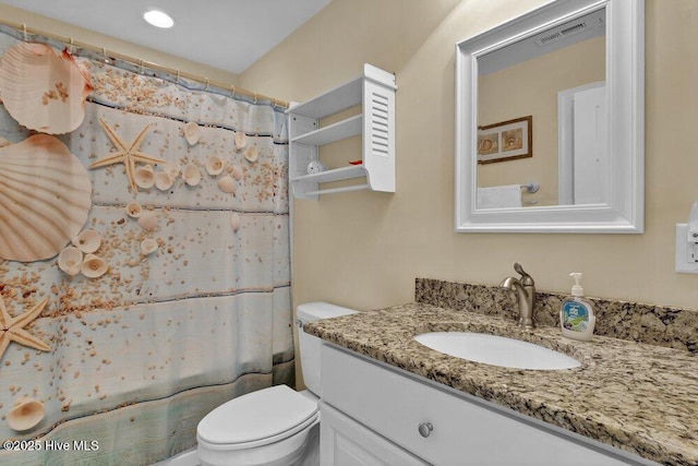 421 30th St, Sunset Beach, NC 28468 - full bath featuring vanity, toilet, and a shower with curtain