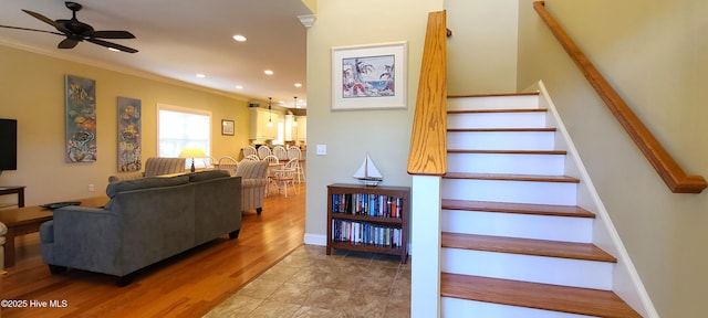 421 30th St, Sunset Beach, NC 28468 - staircase with ornamental molding, ceiling fan, recessed lighting, wood finished floors, and baseboards