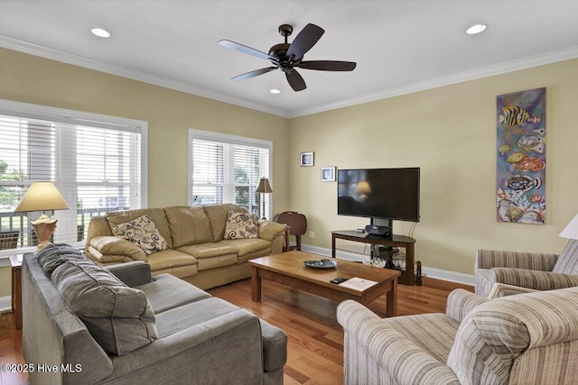 421 30th St, Sunset Beach, NC 28468 - living room featuring baseboards, wood finished floors, recessed lighting, ceiling fan, and crown molding