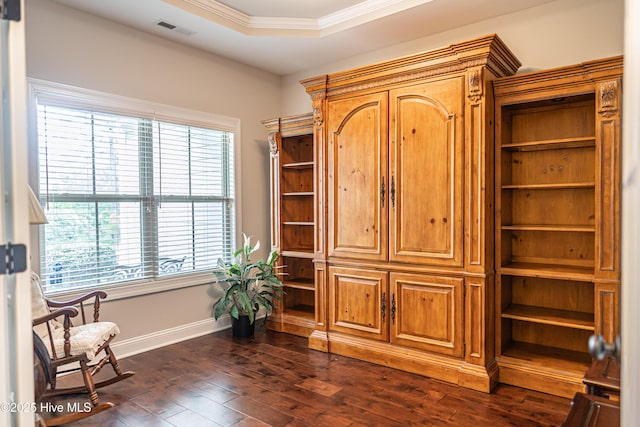 255 Champions Ridge Dr, Southern Pines, NC 28387 - office featuring dark wood-style flooring, a tray ceiling, baseboards, and ornamental molding