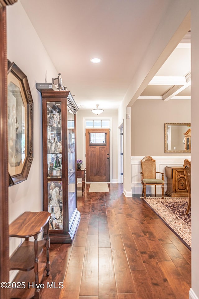 255 Champions Ridge Dr, Southern Pines, NC 28387 - entryway with hardwood / wood-style floors, a wainscoted wall, and recessed lighting