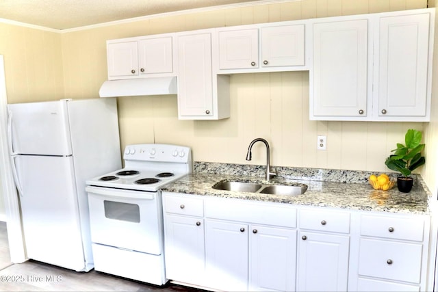 102 Nash St, Elm City, NC 27822 - kitchen featuring white appliances, under cabinet range hood, white cabinets, ornamental molding, and light stone countertops