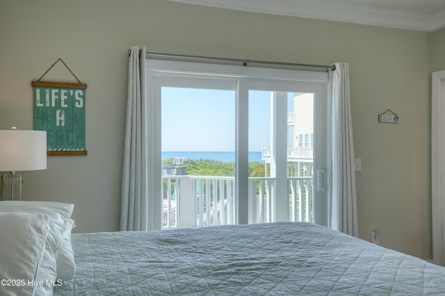 876-878 Villas Dr, North Topsail Beach, NC 28460 - bedroom with access to outside, crown molding, and a water view