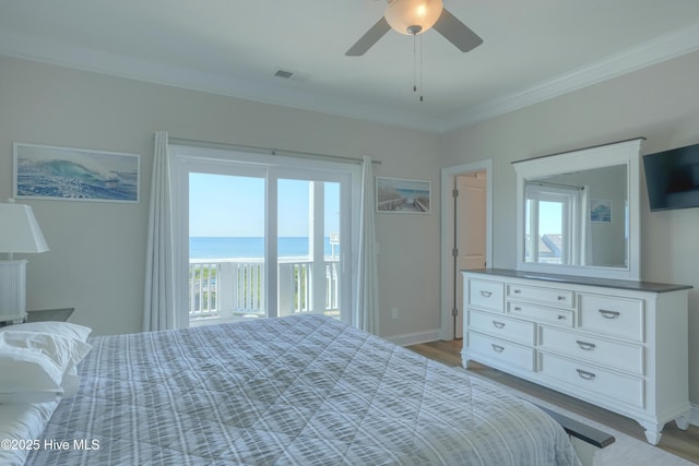 876-878 Villas Dr, North Topsail Beach, NC 28460 - bedroom with access to exterior, ornamental molding, light wood-style floors, baseboards, and ceiling fan
