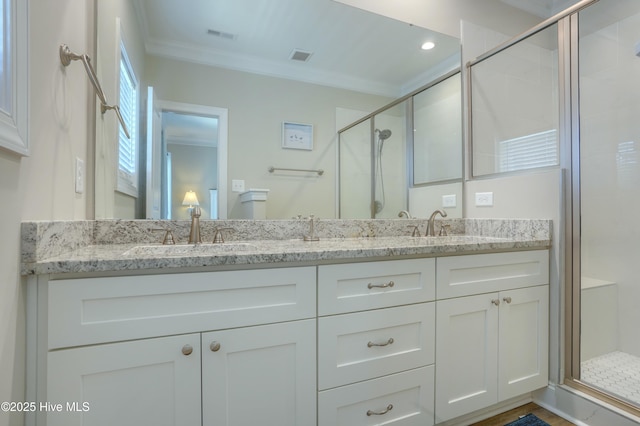 876-878 Villas Dr, North Topsail Beach, NC 28460 - full bathroom with crown molding, double vanity, and a shower stall