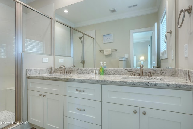 876-878 Villas Dr, North Topsail Beach, NC 28460 - bathroom featuring ornamental molding, a shower stall, and double vanity