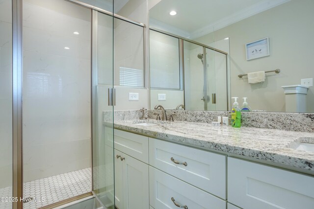 876-878 Villas Dr, North Topsail Beach, NC 28460 - full bath with double vanity, a stall shower, and crown molding