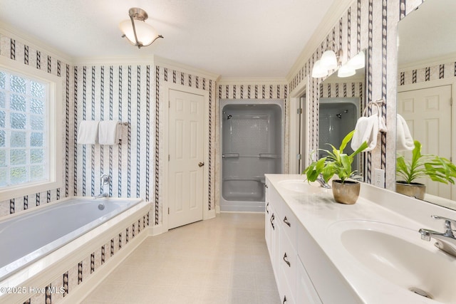 116 Spencer Ln, Newport, NC 28570 - bathroom with a bath, wallpapered walls, double vanity, a shower, and ornamental molding
