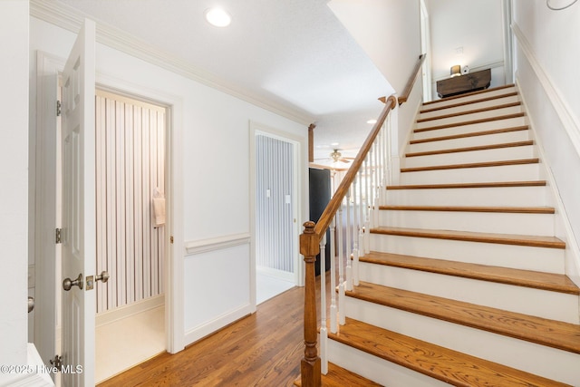116 Spencer Ln, Newport, NC 28570 - staircase with crown molding, recessed lighting, wood finished floors, and a ceiling fan