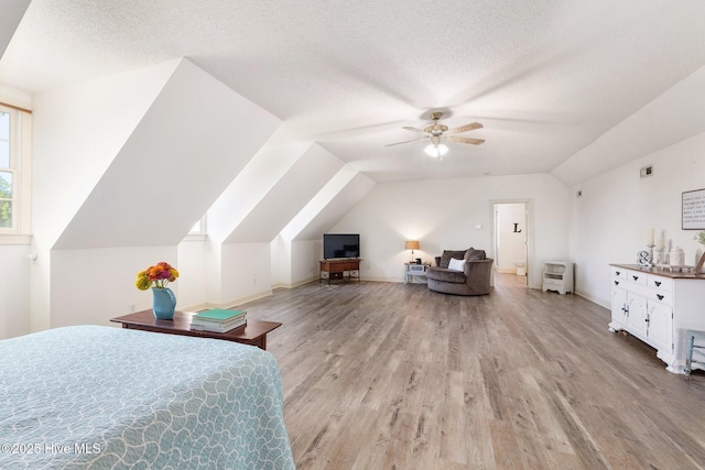 116 Spencer Ln, Newport, NC 28570 - bedroom featuring lofted ceiling, wood finished floors, a ceiling fan, and a textured ceiling