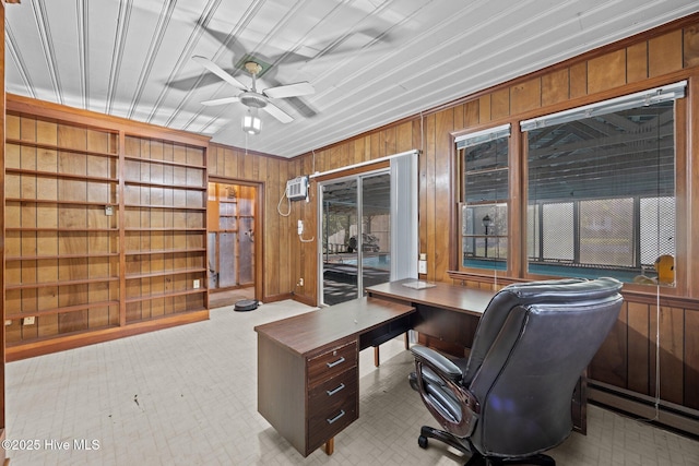 2411 Grace Ave, New Bern, NC 28562 - office space featuring wood walls, a ceiling fan, a wall unit AC, and baseboard heating