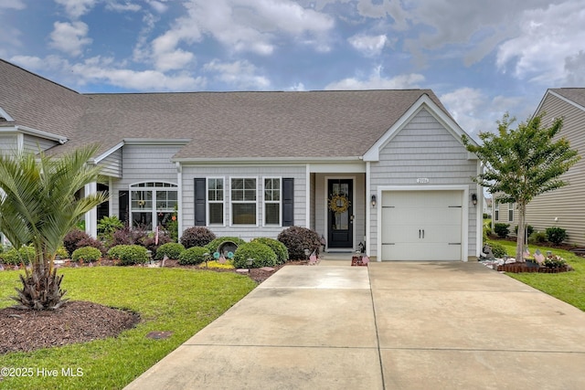 2106 Cass Lake Rd, Calabash, NC 28467 - view of front of house with concrete driveway, a garage, a shingled roof, and a front yard