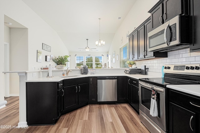 2106 Cass Lake Rd, Calabash, NC 28467 - kitchen featuring appliances with stainless steel finishes, dark cabinets, a sink, a peninsula, and light wood-style flooring