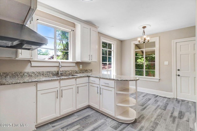 403 S Andrews Ave, Goldsboro, NC 27530 - kitchen featuring a sink, wall chimney exhaust hood, light wood-style floors, and open shelves