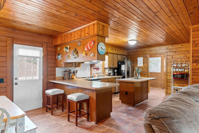103 NE 17th St, Oak Island, NC 28465 - kitchen featuring wood walls, wood ceiling, light countertops, a sink, and appliances with stainless steel finishes