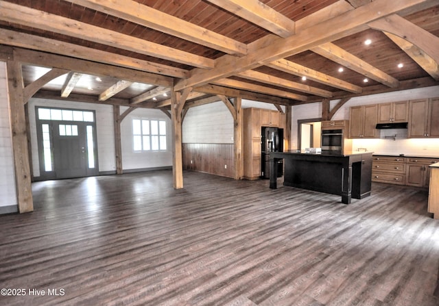 9265 W Lake Rd, Calabash, NC 28467 - unfurnished living room with dark wood finished floors, wood ceiling with exposed beams, wooden walls, and recessed lighting