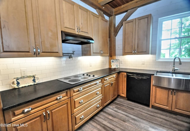 9265 W Lake Rd, Calabash, NC 28467 - kitchen with black dishwasher, electric stovetop, under cabinet range hood, a sink, and dark countertops