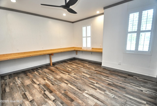 9265 W Lake Rd, Calabash, NC 28467 - unfurnished office featuring dark wood-style flooring, ceiling fan, ornamental molding, plenty of natural light, and recessed lighting