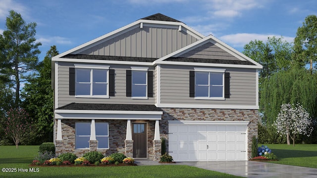 2031 Minnette Cir, New Bern, NC 28562 - craftsman-style home with stone siding, a front lawn, an attached garage, concrete driveway, and board and batten siding