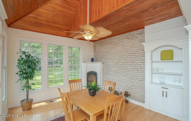 3399 Channelside Dr SW, Supply, NC 28462 - dining area featuring brick wall, baseboards, wooden ceiling, a fireplace, and light wood-style floors