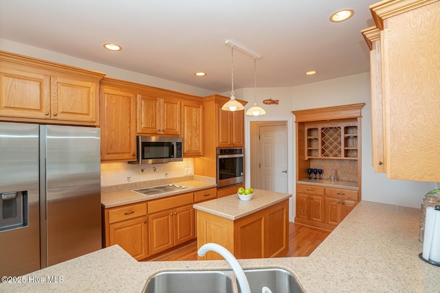 3399 Channelside Dr SW, Supply, NC 28462 - kitchen featuring stainless steel appliances, a sink, open shelves, decorative backsplash, and recessed lighting