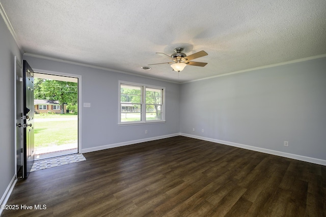 429 Swiss Rd, New Bern, NC 28560 - unfurnished room with dark wood-type flooring, a textured ceiling, ornamental molding, a ceiling fan, and baseboards