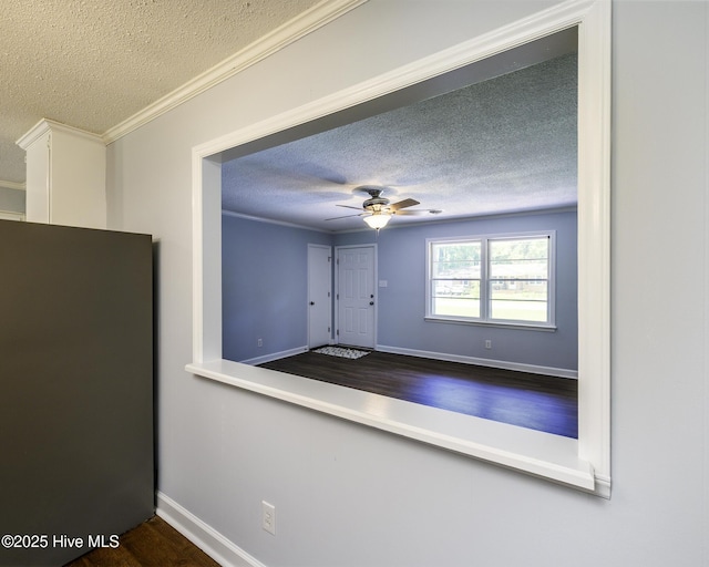 429 Swiss Rd, New Bern, NC 28560 - kitchen featuring a textured ceiling, freestanding refrigerator, dark wood-style floors, baseboards, and ceiling fan