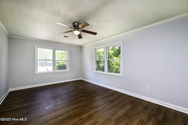 429 Swiss Rd, New Bern, NC 28560 - empty room featuring ceiling fan, dark wood-type flooring, crown molding, a textured ceiling, and baseboards