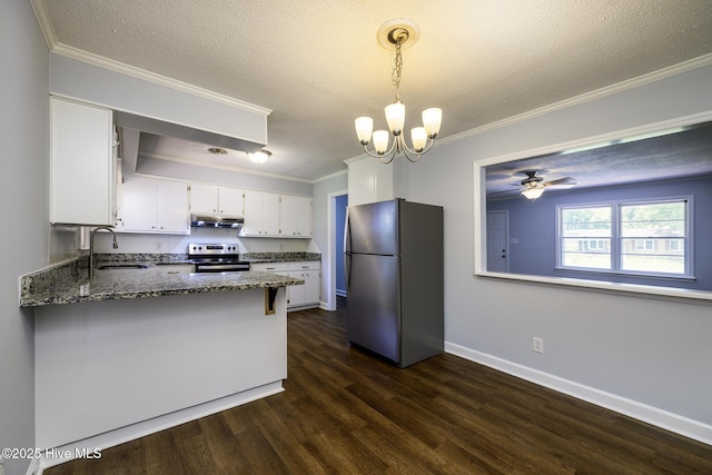 429 Swiss Rd, New Bern, NC 28560 - kitchen with appliances with stainless steel finishes, under cabinet range hood, a sink, a peninsula, and dark stone countertops