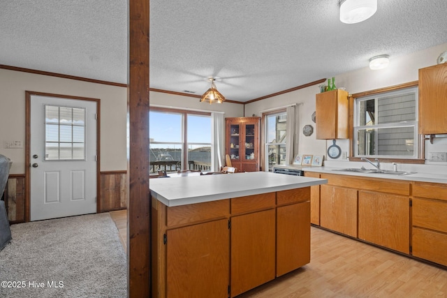 241 Moonlight Dr, Atlantic Beach, NC 28512 - kitchen featuring a sink, a textured ceiling, light countertops, wainscoting, and a kitchen island