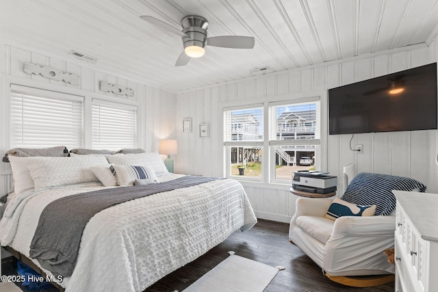 1001 W Beach Dr, Oak Island, NC 28465 - bedroom featuring wood ceiling, dark wood-style floors, and a ceiling fan
