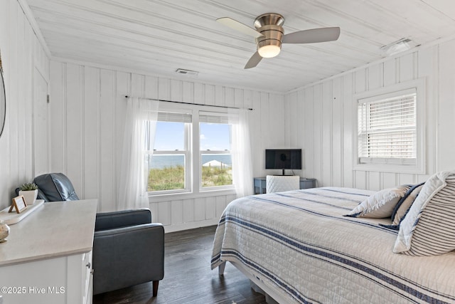 1001 W Beach Dr, Oak Island, NC 28465 - bedroom with dark wood-type flooring, a ceiling fan, and wooden ceiling