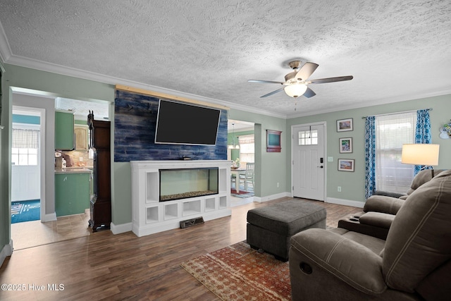 710 Ridgecrest Ln, Rocky Point, NC 28457 - living area featuring crown molding, wood finished floors, a ceiling fan, a textured ceiling, and a large fireplace