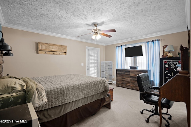 710 Ridgecrest Ln, Rocky Point, NC 28457 - bedroom featuring light colored carpet, multiple windows, ornamental molding, a textured ceiling, and a ceiling fan
