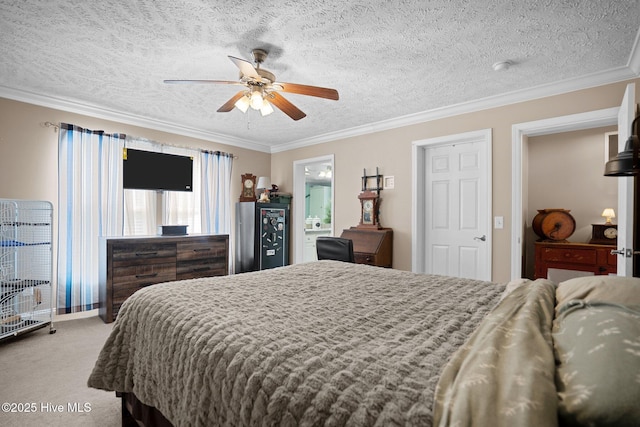 710 Ridgecrest Ln, Rocky Point, NC 28457 - bedroom featuring carpet flooring, ornamental molding, a textured ceiling, a ceiling fan, and ensuite bathroom