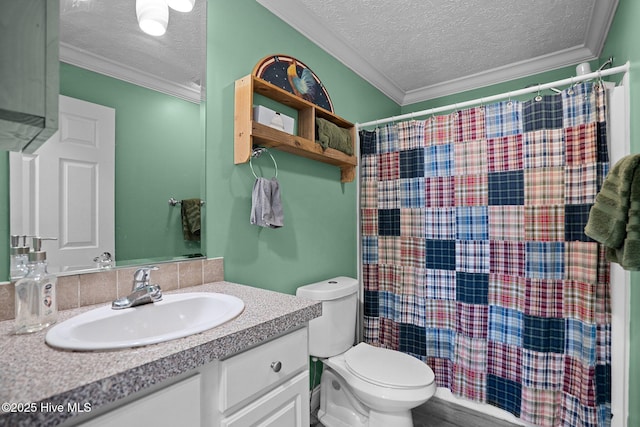 710 Ridgecrest Ln, Rocky Point, NC 28457 - full bath featuring a textured ceiling, vanity, toilet, crown molding, and a shower with curtain