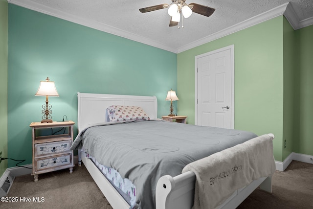 710 Ridgecrest Ln, Rocky Point, NC 28457 - carpeted bedroom with a textured ceiling, crown molding, baseboards, and a ceiling fan