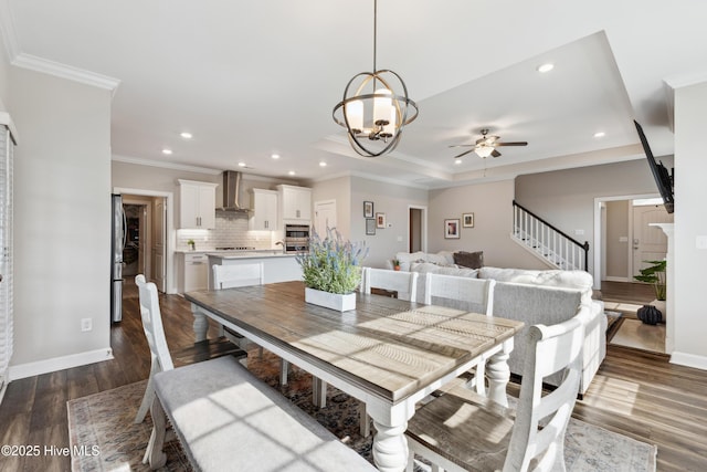 438 Sugar Cove Run, Wilmington, NC 28411 - dining room featuring dark wood-type flooring, crown molding, recessed lighting, baseboards, and ceiling fan