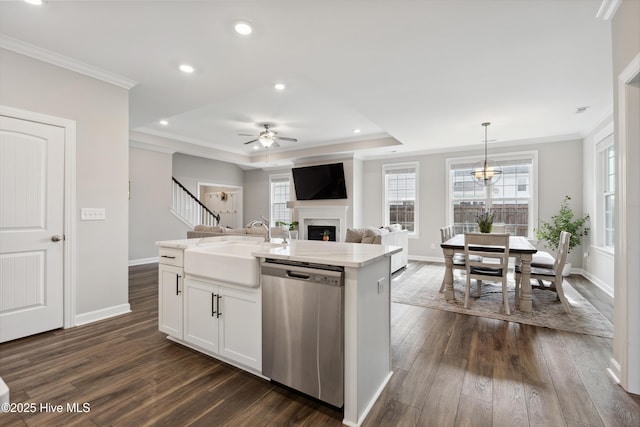 438 Sugar Cove Run, Wilmington, NC 28411 - kitchen featuring stainless steel dishwasher, a fireplace, dark wood-type flooring, baseboards, and recessed lighting