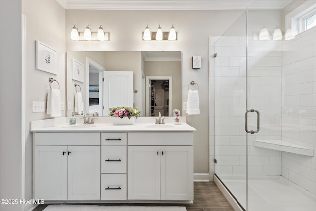 438 Sugar Cove Run, Wilmington, NC 28411 - bathroom with ornamental molding, a stall shower, and double vanity