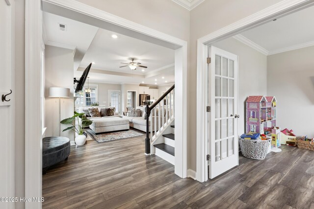 438 Sugar Cove Run, Wilmington, NC 28411 - entrance foyer featuring dark wood-style flooring, ornamental molding, ceiling fan, stairway, and recessed lighting