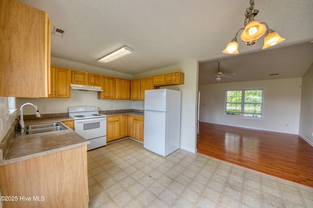 7308 Peppercorn Ct, Wilmington, NC 28411 - kitchen with white appliances, a sink, light floors, a ceiling fan, and under cabinet range hood