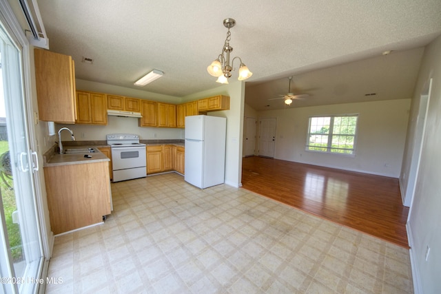 7308 Peppercorn Ct, Wilmington, NC 28411 - kitchen featuring white appliances, a sink, light flooring, under cabinet range hood, and a textured ceiling