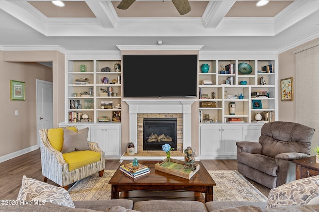 2169 Whiskey Branch Dr, Wilmington, NC 28409 - living room featuring ornamental molding, wood finished floors, coffered ceiling, beam ceiling, and a fireplace