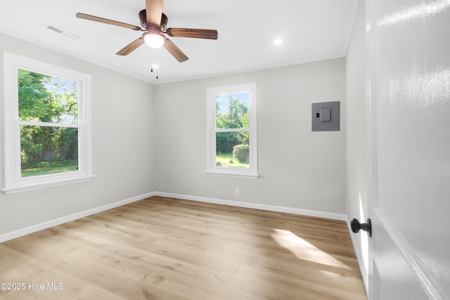 208 Buck Ln, Vanceboro, NC 28586 - unfurnished room featuring electric panel, light wood-type flooring, ceiling fan, and crown molding