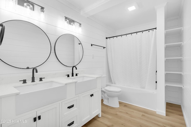 208 Buck Ln, Vanceboro, NC 28586 - bathroom featuring double vanity, wood finished floors, shower / bathtub combination with curtain, and crown molding