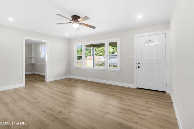 208 Buck Ln, Vanceboro, NC 28586 - foyer entrance featuring ceiling fan, crown molding, light wood-type flooring, and recessed lighting