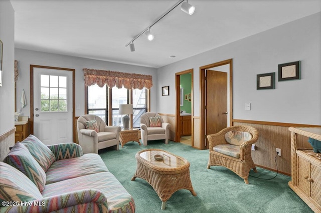 308 N Shore Dr E, Sunset Beach, NC 28468 - living area featuring wainscoting, plenty of natural light, wooden walls, track lighting, and carpet