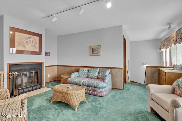 308 N Shore Dr E, Sunset Beach, NC 28468 - living area featuring track lighting, carpet flooring, wainscoting, wood walls, and a fireplace with flush hearth