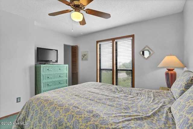 308 N Shore Dr E, Sunset Beach, NC 28468 - bedroom with a textured ceiling, ceiling fan, and carpet